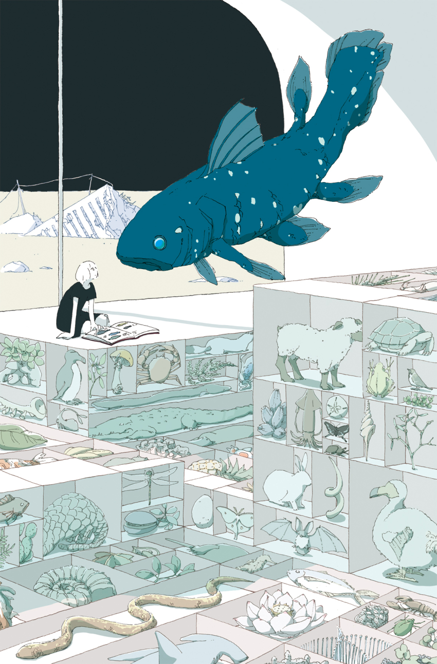 1girl ammonite animal bat_(animal) beetle bird black_dress book bug butterfly cactus coelacanth crab dodo_(bird) dragonfly dress egg ferret fish flying_fish frog hammerhead_shark helix_fossil highres horseshoe_crab insect jellyfish kafka_(bianor-peacock) koi leaf mistletoe mushroom open_book original pangolin penguin plant rabbit short_hair sitting snake squid turtle window