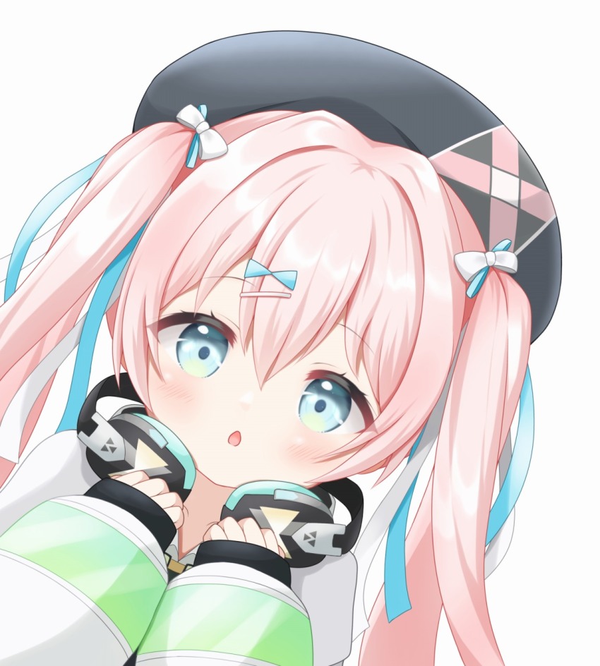1girl aqua_eyes aqua_ribbon black_hat bow close-up hair_bow hair_ornament hair_ribbon hairpin hat headphones headphones_around_neck highres inurois jacket long_hair looking_at_viewer muv-luv muv-luv_girls_garden pink_hair ribbon sienna_clark solo twintails white_background white_bow white_jacket white_ribbon