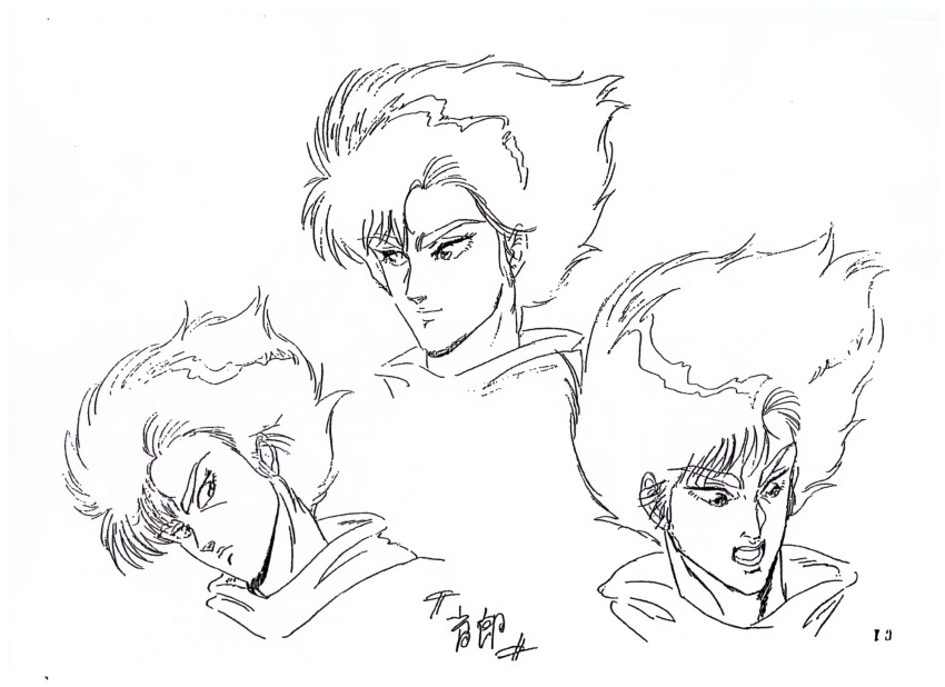 1980s_(style) 1boy araki_hirohiko_(style) baoh_raihousha reference_sheet facial_expressions hashizawa_ikurou highres lineart monochrome oldschool production_art retro_artstyle reference_sheet
