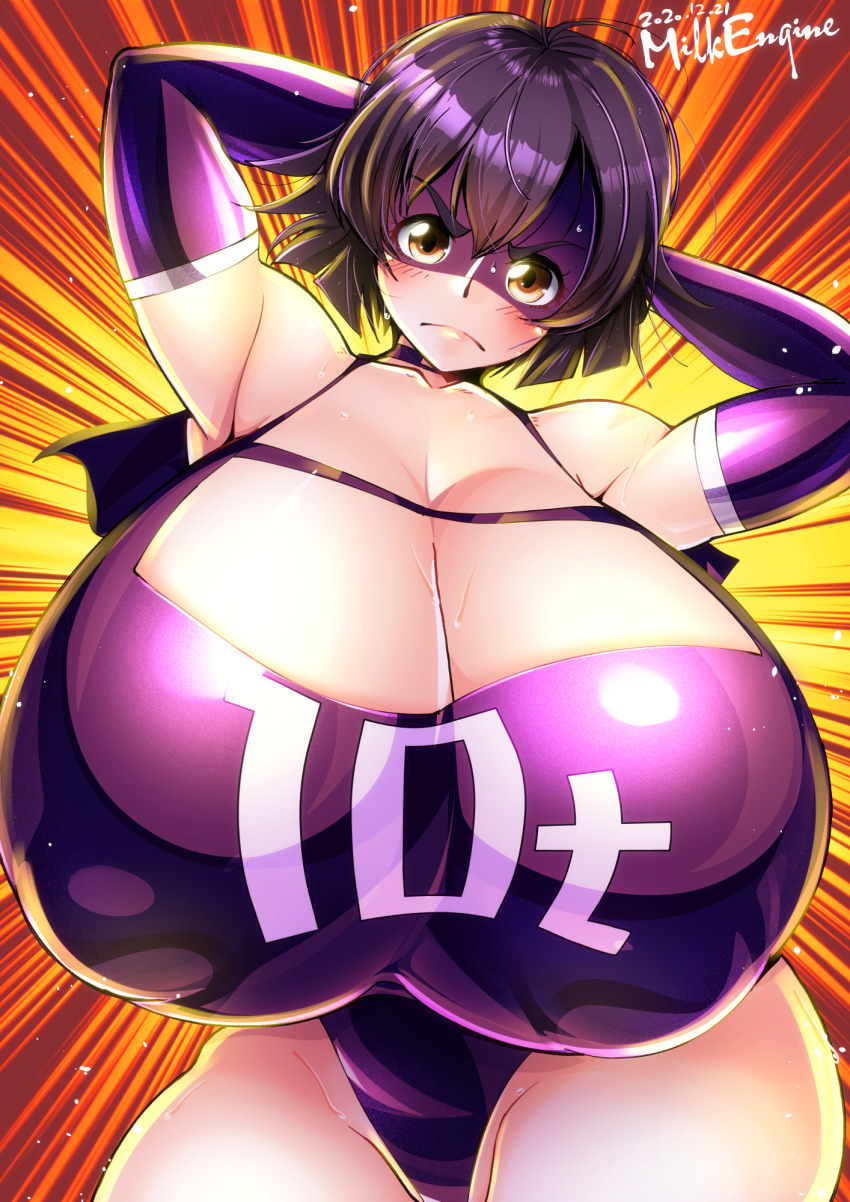 10-ton 1girl angry arms_behind_head blush boku_no_hero_academia breasts cleavage elbow_gloves gigantic_breasts gloves highres kyosuke_fujiwara leotard looking_at_viewer purple_hair purple_leotard short_hair wide_hips