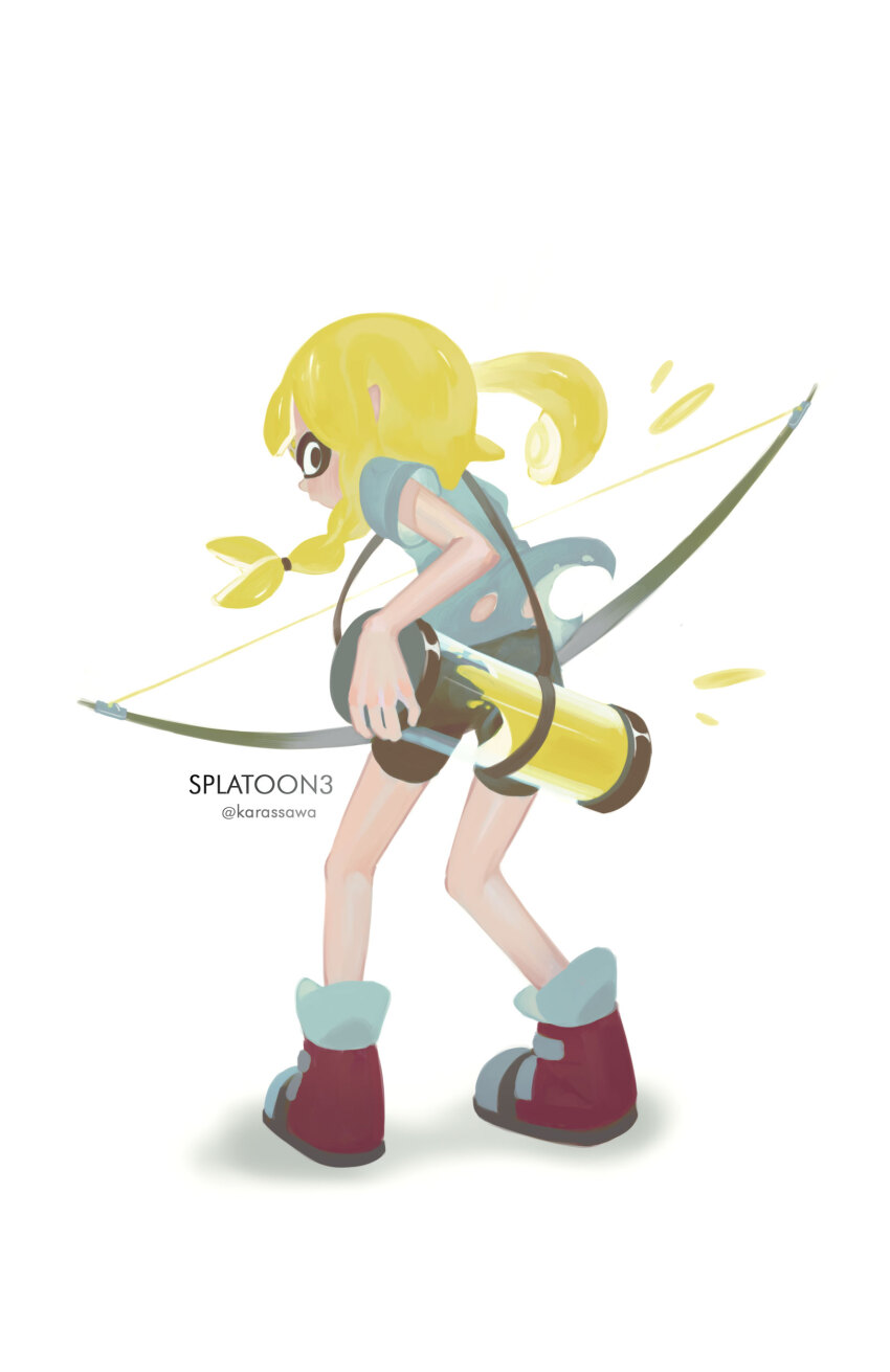 1girl absurdres arm_behind_back artist_name bike_shorts black_eyes black_shorts blonde_hair blunt_bangs bow_(weapon) braid braided_sidelock commentary copyright_name english_commentary eyebrow_cut floating_clothes floating_hair from_behind high_tops highres holding holding_bow_(weapon) holding_weapon ink ink_tank_(splatoon) inkling inkling_girl inkling_player_character invisible_floor karassawa leaning_forward legs_apart long_legs long_sidelocks looking_at_viewer looking_back nintendo no_pupils pointy_ears profile red_shoes shirt shoes short_hair_with_long_locks short_sleeves shorts shoulder_strap sidelocks simple_background single_braid sneakers solo splatoon_(series) splatoon_3 standing suction_cups t-shirt tentacle_hair torn_clothes torn_shirt twitter_username weapon white_background white_shirt