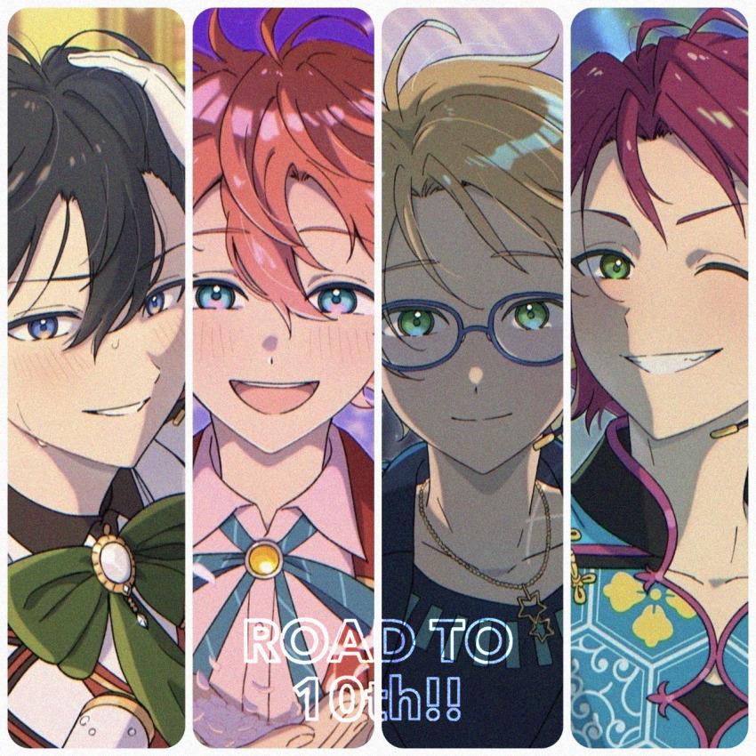 4boys akehoshi_subaru amoironron black_hair blonde_hair blue-framed_eyewear blue_eyes blush border bow brooch english_text ensemble_stars! glasses green_bow green_eyes hair_between_eyes hidaka_hokuto highres isara_mao jewelry looking_at_viewer multiple_boys necklace one_eye_closed open_mouth orange_hair parted_bangs pink_hair smile star_(symbol) star_necklace sweatdrop white_border yuuki_makoto_(ensemble_stars!)