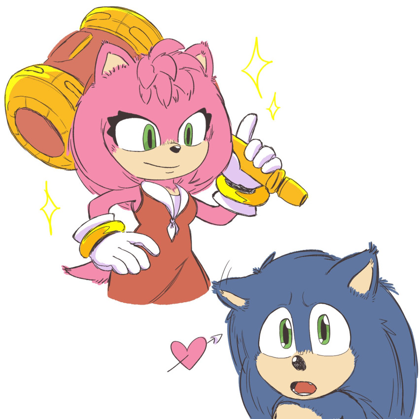 :o amy_rose blue_fur blue_hair bracelet dress gloves green_eyes hammer highres jewelry medium_hair paramount_pictures pink_fur pink_hair red_dress sega smile sonic_(live_action) sonic_(series) sonic_the_hedgehog sonic_the_hedgehog_3_(movie) spiked_hair surprised tail toy_hammer uniisabella