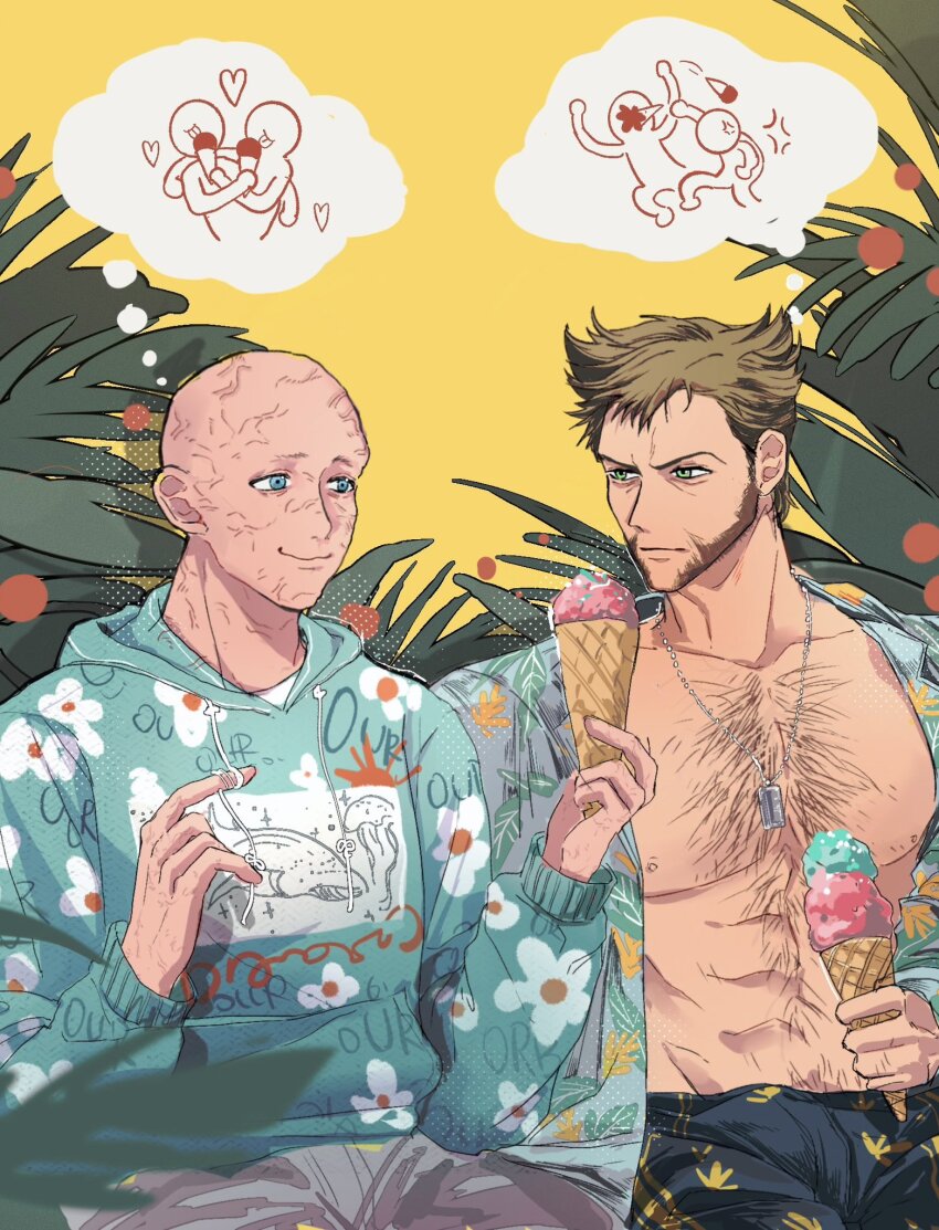 2boys abs anger_vein bald beard brown_hair chest_hair closed_mouth commentary crutch_c deadpool deadpool_&amp;_wolverine deadpool_(series) dog_tags english_commentary facial_hair floral_print food green_eyes heart highres holding holding_food holding_ice_cream holding_ice_cream_cone hood hood_down hoodie ice_cream ice_cream_cone long_sleeves looking_at_another male_focus marvel marvel_cinematic_universe multiple_boys muscular muscular_male nipples open_clothes open_shirt pants pectorals plant plant_print scar scars_all_over short_hair smile speech_bubble thought_bubble too_many wolverine_(x-men) x-men yaoi
