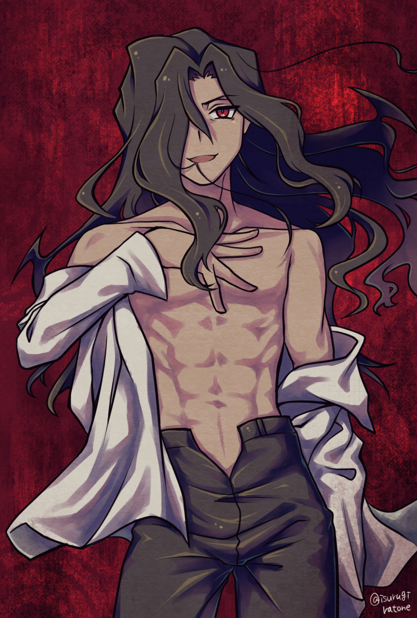 abs bare_pectorals black_hair black_pants buttoned_cuffs buttons collar collarbone collared_shirt dress_shirt highres isurugiratone long_hair looking_at_viewer male_focus melty_blood michael_roa_valdamjong no_nipples open_clothes open_hand open_mouth open_shirt pants pectorals red_eyes shirt solo tsukihime