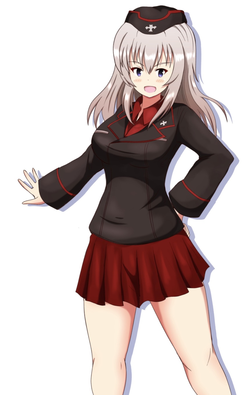 1girl :d black_hat black_jacket blue_eyes commentary dress_shirt garrison_cap girls_und_panzer grey_hair hand_on_own_hip hat highres insignia itsumi_erika jacket kuromorimine_military_uniform long_sleeves looking_at_viewer medium_hair meiya military military_hat military_uniform miniskirt open_mouth pleated_skirt red_shirt red_skirt shadow shirt simple_background skirt smile solo standing white_background wing_collar
