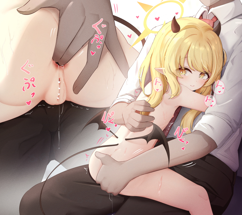 1boy 1girl absurdres anal_fingering anal_fluid anus ass asymmetrical_hair black_horns black_pants black_ribbon black_tail black_wings blonde_hair blue_archive censored cleft_of_venus closed_mouth clothed_male_nude_female collared_shirt commentary_request completely_nude demon_girl demon_horns demon_tail demon_wings fingering flasher_(flasher_ura) flat_chest girl_on_top grabbing_another&#039;s_ass groping hair_ribbon halo heart heart_censor hetero highres horns huge_filesize ibuki_(blue_archive) loli long_hair multiple_views necktie nipples nude paid_reward_available pants pointy_ears pussy pussy_juice red_necktie ribbon shirt side_ponytail smile sound_effects straddling tail trembling upright_straddle variant_set white_shirt wings yellow_eyes yellow_halo