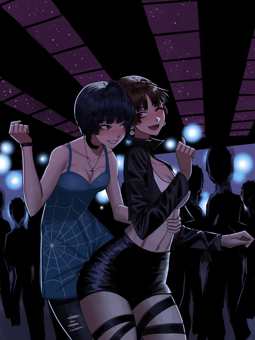 2girls absurdres bare_shoulders black_hair black_jacket black_shorts blunt_bangs blush bracelet breasts brown_hair chaosoded choker cleavage commission cowboy_shot crop_top dancing dress earrings green_dress hand_on_another&#039;s_waist highres indoors jacket jewelry looking_at_another medium_breasts midriff multiple_girls navel necklace niijima_makoto one_eye_closed open_clothes open_jacket open_mouth panda_earrings pantyhose parted_lips people persona persona_5 print_dress short_hair shorts smile spider_web_print takemi_tae tank_top torn_clothes torn_pantyhose white_tank_top