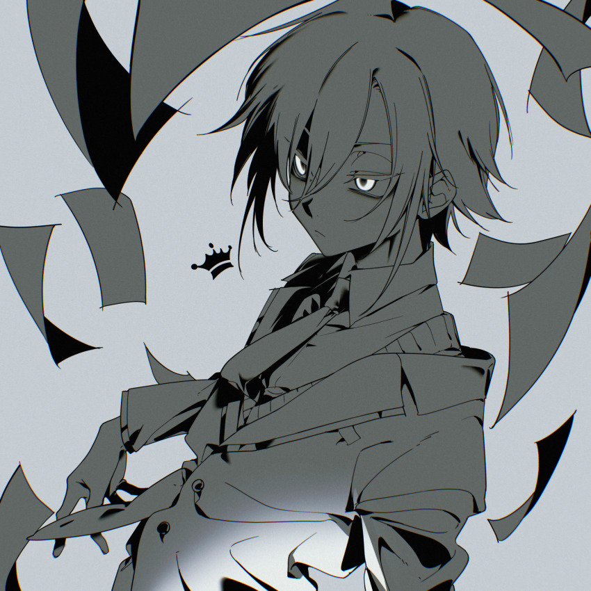 1boy blazer closed_mouth collared_shirt crown_(symbol) empty_eyes floating_clothes flying_paper from_side grey_background hair_between_eyes highres jacket light_frown long_sleeves looking_ahead male_focus monochrome necktie nijisanji paper school_uniform serious shirt short_hair sidelocks sidu_(dsd_kgn) solo sweater_vest tsurime upper_body uzuki_kou uzuki_kou_(3rd_costume) virtual_youtuber