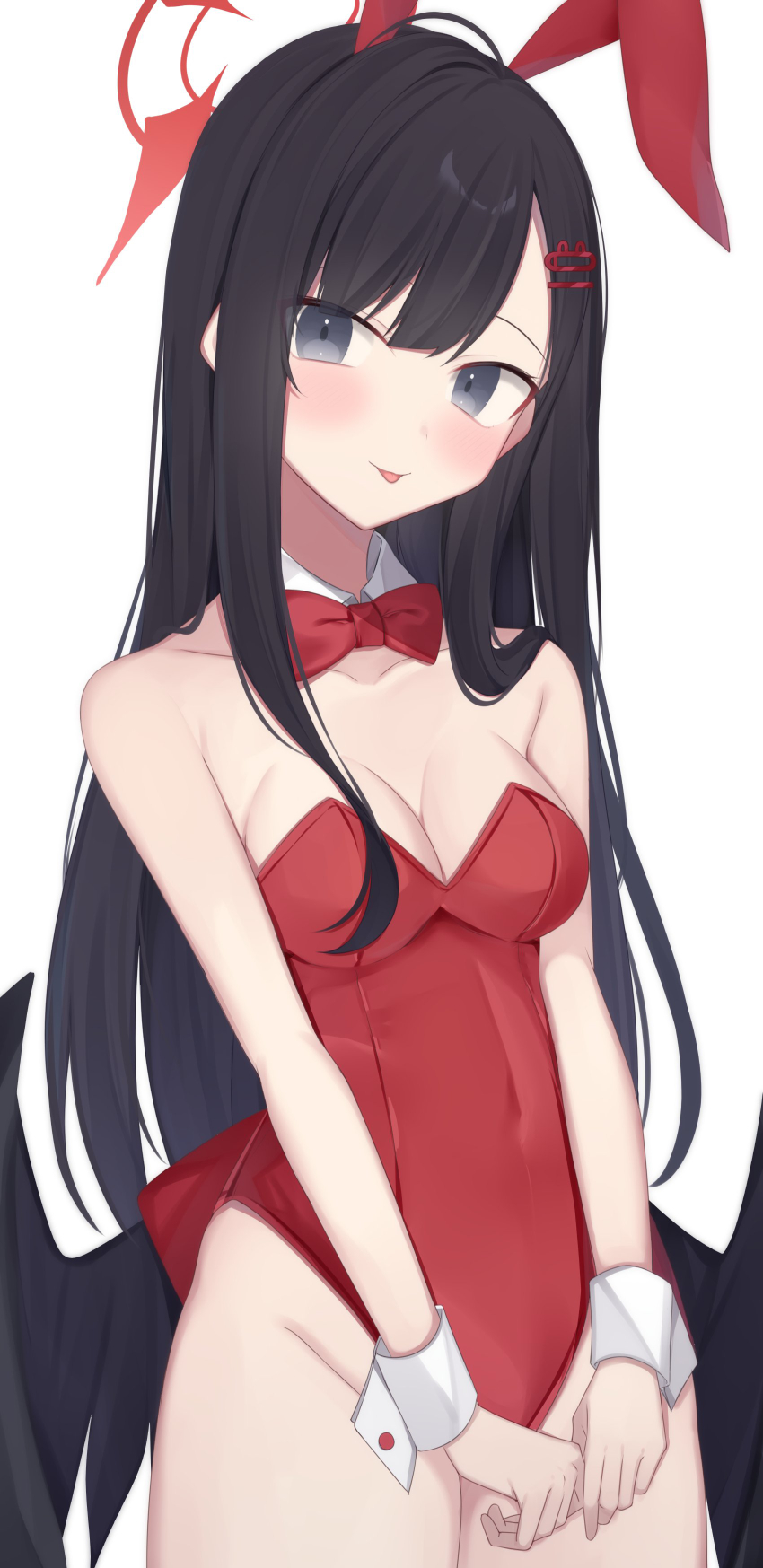 1girl :p absurdres animal_ears black_eyes black_hair black_wings blue_archive blush bow bowtie breasts collar commentary covered_navel detached_collar fake_animal_ears hair_ornament hairclip halo hanasaki_rin highres ichika_(blue_archive) leotard long_hair low_wings playboy_bunny rabbit_ears red_bow red_bowtie red_halo red_leotard simple_background solo tongue tongue_out very_long_hair white_background white_collar white_wrist_cuffs wings wrist_cuffs