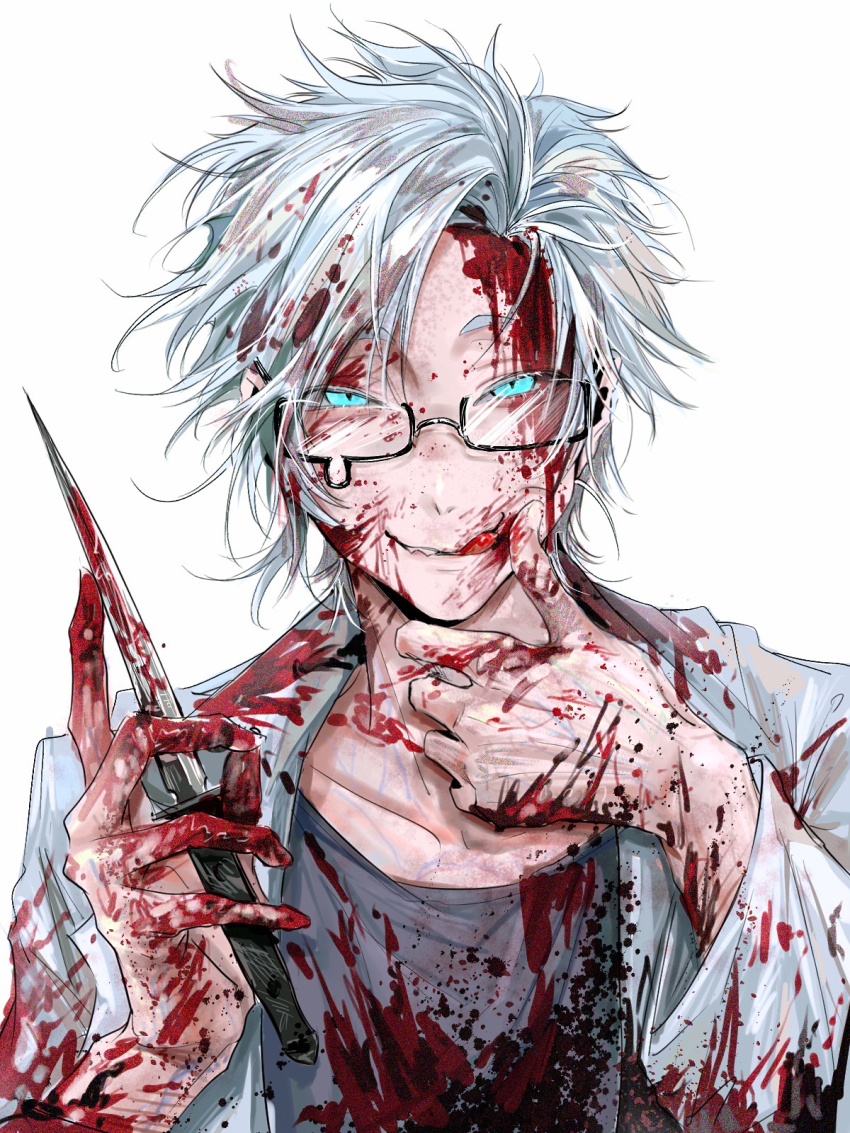 1boy aqua_eyes black-framed_eyewear blood blood_in_hair blood_on_clothes blood_on_face blood_on_hands blood_on_neck bloody_weapon chinese_commentary commentary_request finger_to_cheek glasses grey_shirt highres holding holding_knife jacket kanou_aogu knife long_sleeves looking_at_viewer male_focus saibou_shinkyoku semi-rimless_eyewear shirt short_hair simple_background smile solo teardrop-framed_glasses tongue tongue_out upper_body variant_set veins weapon white_background white_hair white_jacket youling