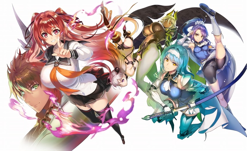 1boy 5girls ahoge armor armored_boots ass black_panties black_skirt blue_dress blue_hair boots breasts brown_hair cleavage covered_navel dress flat_chest gauntlets gloves high_ponytail highres holding holding_sword holding_weapon huge_breasts katana large_breasts long_hair looking_at_viewer medium_breasts multiple_girls naruse_maria naruse_mio navel nonaka_kurumi nonaka_yuki official_art ookuma_nekosuke panties ponytail purple_hair red_eyes red_hair school_uniform serafuku shinmai_maou_no_testament short_hair siblings silver_hair sisters skirt stomach sword thigh_boots toujou_basara underboob underwear very_long_hair weapon white_background yellow_eyes zest