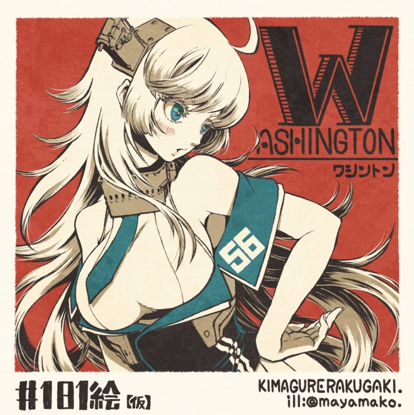 1girl ahoge blue_eyes blush border breasts character_name eyelashes hand_on_own_hip headgear highres imatomo_mahya kantai_collection large_breasts limited_palette long_hair necktie parted_lips simple_background solo twitter_username upper_body very_long_hair washington_(kancolle)