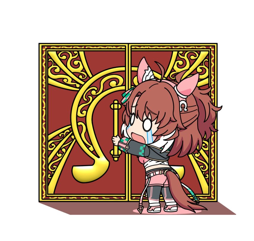 1girl ahoge animal_ears breasts brown_hair chibi commentary_request crying crying_with_eyes_open dantsu_flame_(umamusume) door full_body hair_ornament highres horse_ears horse_girl horse_tail open_mouth shorts solo standing tail tears umamusume white_background yurin35699515