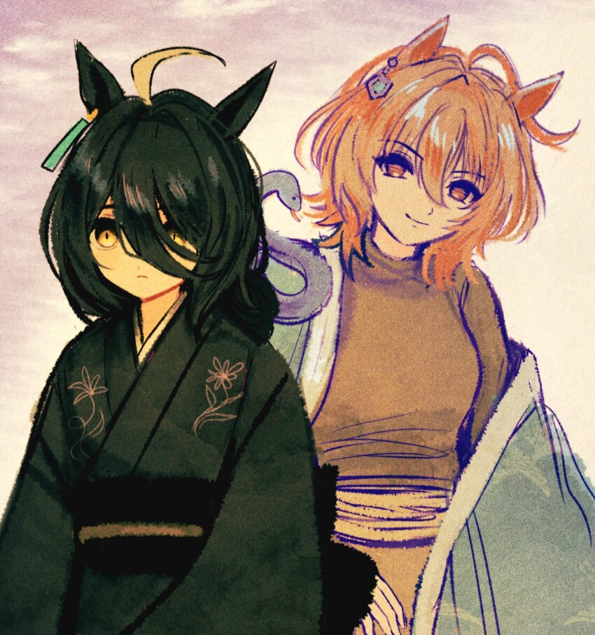 2girls agnes_tachyon_(umamusume) animal_ears black_kimono black_shirt blonde_hair breasts chemical_structure chinese_zodiac closed_mouth ear_tag earrings flat_chest hair_between_eyes highres horse_ears horse_girl japanese_clothes jewelry kimono light_frown llllrentllll long_bangs long_hair long_hair_between_eyes long_sleeves looking_at_viewer manhattan_cafe_(umamusume) medium_breasts medium_hair multiple_girls new_year off_shoulder red_eyes shirt single_earring smile snake turtleneck turtleneck_shirt umamusume wolf_cut year_of_the_snake yellow_eyes