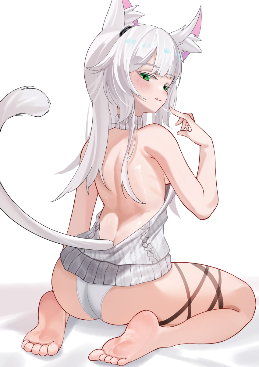 1girl :q absurdres alternate_costume animal_ear_fluff animal_ears arknights ass backless_outfit bare_back bare_shoulders barefoot blush cable_knit chinese_commentary commentary_request feet from_behind green_eyes highres long_hair looking_at_viewer looking_back median_furrow meme_attire panties rh_huinai rosmontis_(arknights) saliva simple_background sitting soles solo sweater tail tail_raised toes tongue tongue_out turning_head turtleneck turtleneck_sweater underwear virgin_killer_sweater wariza white_background white_hair white_panties white_sweater white_tail