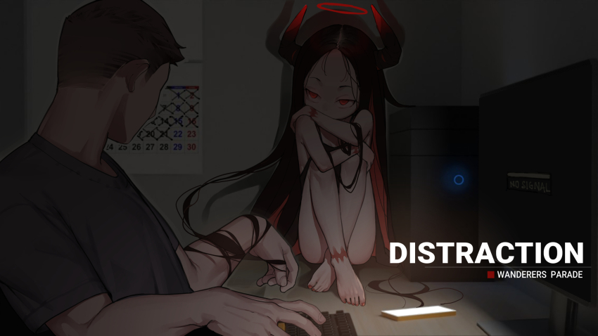 1boy 1girl barefoot black_hair blvefo9 brown_hair calendar_(object) colored_inner_hair computer_keyboard crossed_ankles english_text halo highres horns looking_at_another monitor multicolored_hair original red_eyes red_hair red_halo short_hair sitting two-tone_hair