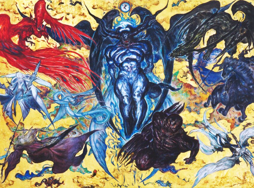 2girls absurdres amano_yoshitaka bahamut_(final_fantasy) blue_fire dragon final_fantasy final_fantasy_xvi fire garuda_(final_fantasy) highres horns horse ifrit_(final_fantasy) leviathan_(final_fantasy) monster moon multiple_girls multiple_wings odin_(final_fantasy) official_art open_mouth phoenix_(final_fantasy) shiva_(final_fantasy) talons third-party_source titan_(final_fantasy) wings