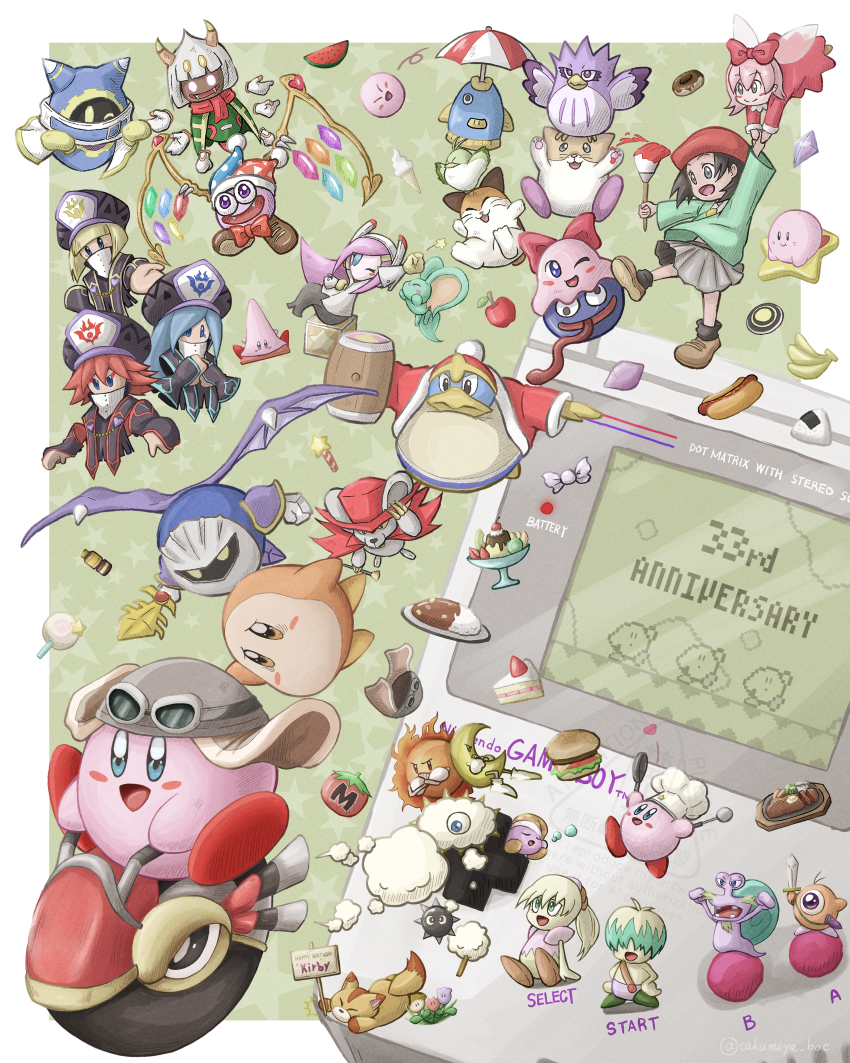 absurdres adeleine anniversary apple banana beret black_hair blonde_hair blue_eyes blue_hair blush_stickers bow bowtie brown_shoes bun_(kirby) burger cake cake_slice candy character_request chef_hat chuchu_(kirby) cone_mouth coo_(kirby) copyright_request crossed_arms curry curry_rice donut escargon flamberge_(kirby) flower food francisca_(kirby) fruit frying_pan fumu_(kirby) game_boy game_boy_(original) goggles goggles_on_headwear gooey_(kirby) hair_bow hair_over_eyes handheld_game_console hat heart highres holding holding_paintbrush holding_sword holding_weapon hot_dog ice_cream_cone invincible_candy kine_(kirby) king_dedede kirby kirby&#039;s_dream_land kirby&#039;s_dream_land_2 kirby&#039;s_dream_land_3 kirby:_planet_robobot kirby:_right_back_at_ya! kirby:_squeak_squad kirby_(series) kirby_64 kirby_air_ride kirby_and_the_forgotten_land kirby_star_allies kracko maxim_tomato meta_knight mr._bright mr._shine multiple_girls nago_(kirby) nightcap nintendo one_eye_closed onigiri open_mouth paintbrush pink_hair pitch_(kirby) purple_eyes red_bow red_bowtie red_hair ribbon_(kirby) rice rick_(kirby) shoes skirt strawberry_shortcake susie_(kirby) sword takumiya_boc tongue tongue_out waddle_dee waddle_doo watermelon watermelon_slice weapon wheelie_(kirby) wheelie_scooter wings zan_partizanne