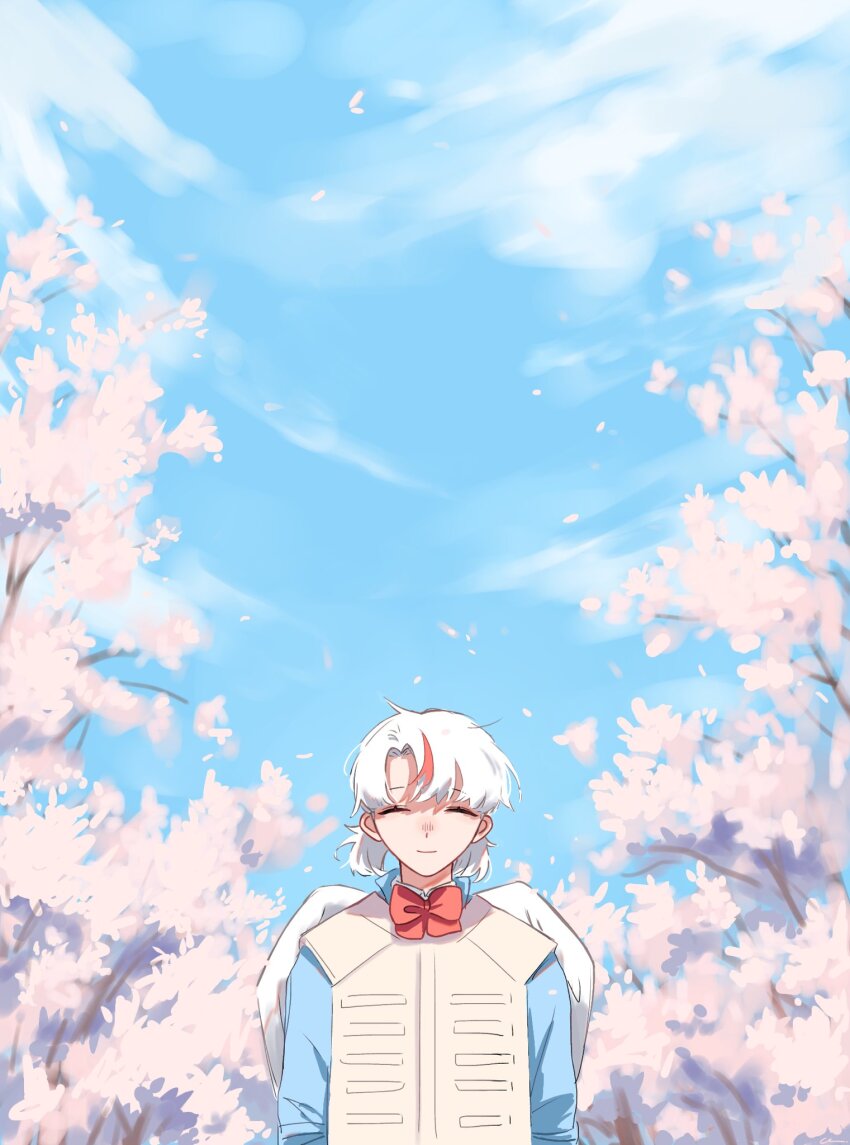 1girl blue_shirt blue_sky bow bowtie bulletproof_vest cherry_blossoms closed_eyes cupid feathered_wings highres koharu_(love-bullet) light_smile love-bullet medium_hair muagiong multicolored_hair red_bow red_bowtie red_hair red_streaks shirt short_twintails single_hair_streak sky streaked_hair twintails white_hair wings