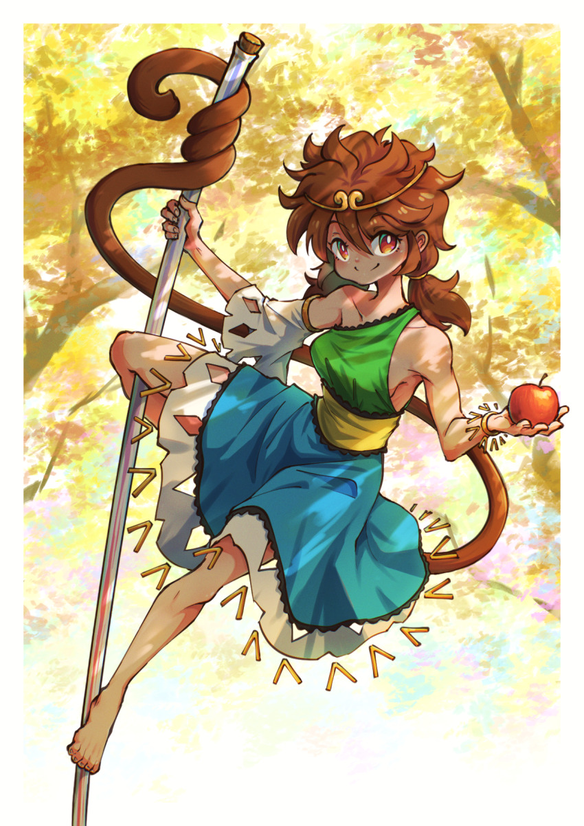 1girl apple bare_shoulders barefoot blue_dress breasts brown_eyes brown_hair detached_sleeves dress food fruit full_body gold_tiara green_dress highres holding holding_food holding_fruit looking_at_viewer monkey_girl monkey_tail multicolored_dress short_twintails sideboob single_detached_sleeve small_breasts smile solo son_biten suteruko tail test_tube tiara touhou tree twintails yellow_dress
