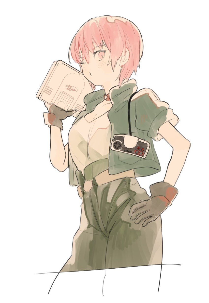 1girl belt breasts controller game_console game_controller gloves highres linda_(linda_cube) linda_cube looking_at_viewer mogomaco one_eye_closed pc_engine pink_eyes pink_hair short_hair simple_background solo white_background