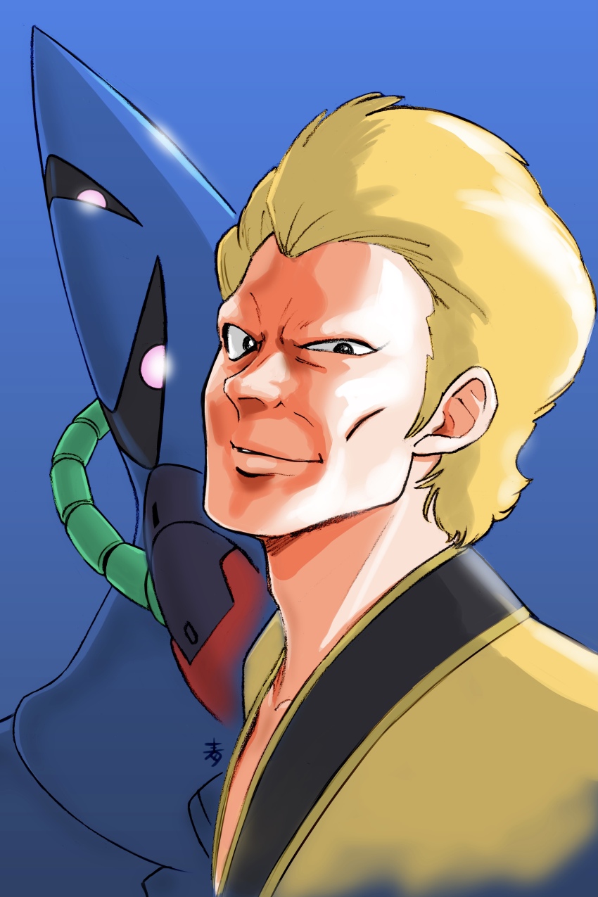 1boy absurdres angry aobito_sukoyaka_bystander blonde_hair commentary_request crazy_eyes evil_eyes gundam hambrabi highres looking_at_viewer machinery male_focus mecha mobile_suit robot smirk titans_(gundam) upper_body yazan_gable zeta_gundam