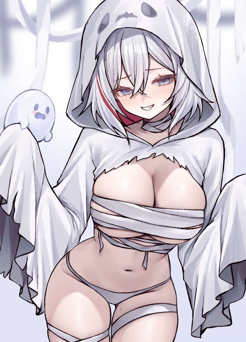 1girl absurdres bandaged_chest bikini bikini_bottom_only blue_eyes bow breasts commentary english_commentary ghost_costume halloween happy_halloween highres honkai:_star_rail honkai_(series) large_breasts miclipse midriff multicolored_hair navel red_bow solo streaked_hair swimsuit thighs topaz_(honkai:_star_rail) two-tone_hair white_bikini white_hair