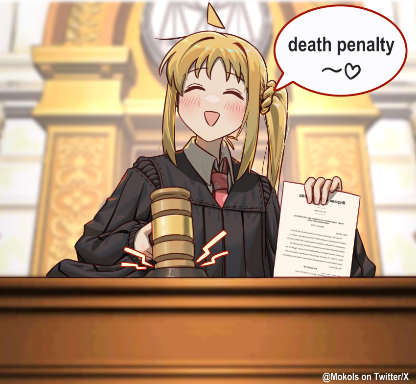 1girl :d ^_^ ace_attorney artist_name blonde_hair blush bocchi_the_rock! closed_eyes cosplay courtroom english_text facing_viewer gavel heart highres holding holding_paper ijichi_nijika judge judge_robe myvia_mokols necktie open_mouth paper side_ponytail smile solo speech_bubble the_judge_(ace_attorney) the_judge_(ace_attorney)_(cosplay) twitter_username
