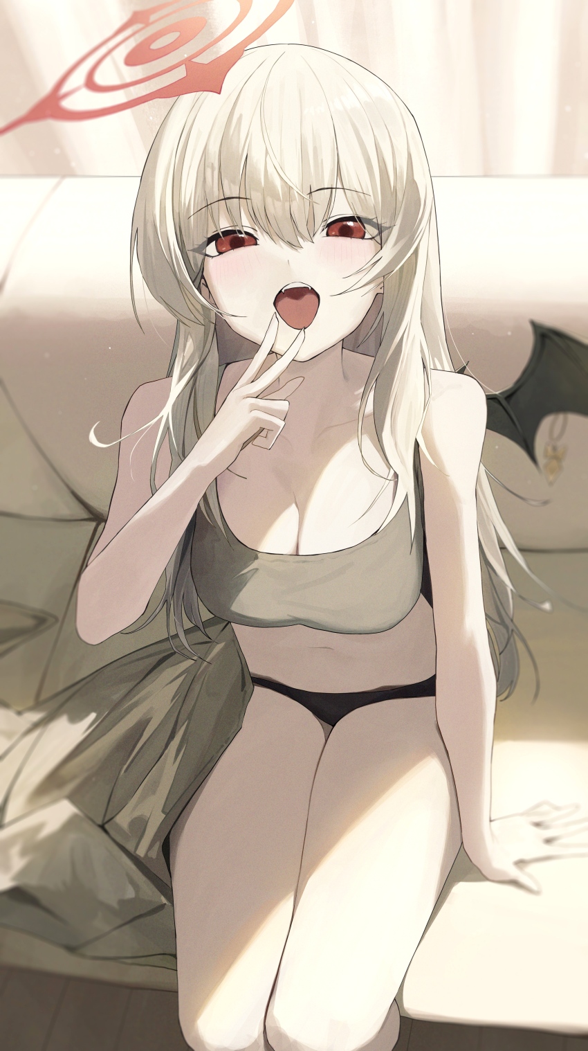 1girl absurdres arm_at_side bare_arms bare_legs bat_wings black_panties black_wings blanket blue_archive breasts brown_hair brown_sports_bra choppy_bangs cleavage collarbone commentary_request couch curtains eyelashes from_above hair_between_eyes halo hand_up haruna_(blue_archive) highres indoors large_breasts long_bangs long_hair looking_at_viewer looking_up navel no_pants on_couch open_mouth panties re_naya red_eyes red_halo single_wing sitting solo sports_bra stomach straight_hair sunlight teeth underwear underwear_only upper_teeth_only v v_over_mouth wings