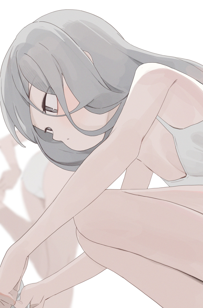 2girls ass blush bra breasts grey_bra grey_eyes grey_hair hiroki_(yyqw7151) long_hair looking_down multiple_girls original panties small_breasts squatting standing standing_on_one_leg underwear white_background white_panties