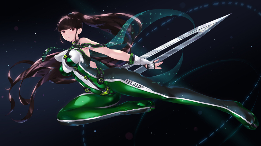 1girl black_hair blunt_bangs bodysuit breasts brown_eyes cait_aron commentary_request eve_(stellar_blade) fingerless_gloves full_body gloves green_bodysuit highres holding holding_sword holding_weapon impossible_bodysuit impossible_clothes large_breasts long_hair looking_at_viewer multicolored_bodysuit paid_reward_available planet_diving_suit_(7th)_(stellar_blade) ponytail silver_bodysuit skin_tight sleeveless sleeveless_bodysuit solo space stellar_blade sword very_long_hair weapon white_bodysuit white_gloves