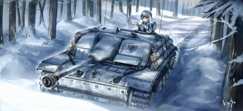 1girl absurdres artist_name baseball_cap blonde_hair blue_eyes caterpillar_tracks closed_mouth coat cold commentary driving emblem forest girls_und_panzer gloves hat hat_under_hood hatch highres holding holding_map hood hooded_coat keizoku_(emblem) keizoku_military_uniform kk90 log long_sleeves looking_at_map map map_(object) military_vehicle motor_vehicle nature open_hatch outdoors short_hair snow snowing solo stug_iii tank tank_destroyer tree turretless_tank winter youko_(girls_und_panzer)