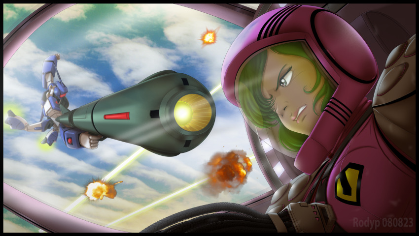 1girl aerial_battle aiming alien angry armor battle battroid cable choujikuu_yousai_macross clenched_teeth cloud cockpit defeat dogfight duel emblem explosion fake_screenshot flying giant giantess glowing green_hair gunpod helmet highres light maclone macross maximilian_jenius mecha meltrandi military military_uniform millia_jenius muzzle perspective pilot_suit power_armor queadluun-rau robot robotech rodypaxten screen spacesuit spanish_commentary spoilers teeth thrusters variable_fighter vf-1 vf-1a zentradi