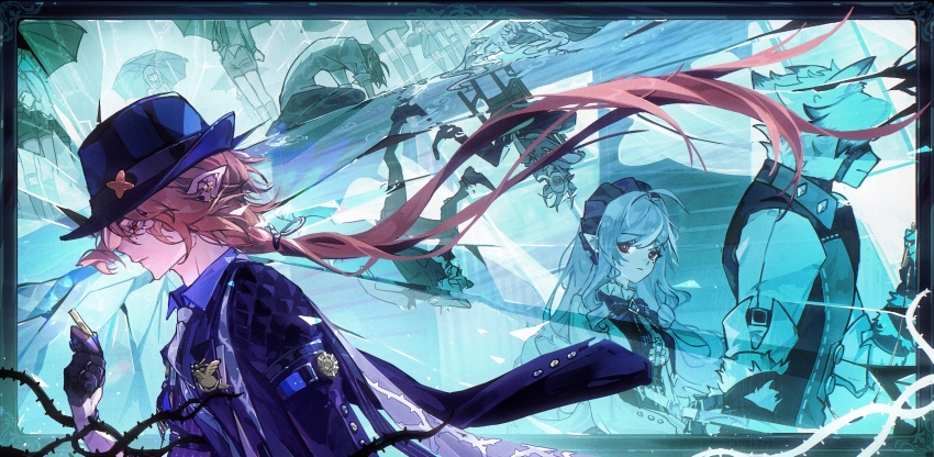 1girl 2boys 6+others absurdres ahoge animal_ears ascot black_hat blonde_hair bow bowtie broken center_frills coin crack cracked_glass frills furry furry_male gem gloves hairband hat highres holding holding_coin hugo_vlad lapel_pin long_hair mole mole_under_eye multiple_boys multiple_others muzzle_(mask) necktie pointy_ears purple_ascot purple_bow purple_bowtie purple_gemstone purple_hair purple_hairband purple_necktie purple_shirt shirt single_glove upper_body violalopiz vivian_banshee von_lycaon white_fur wolf_boy wolf_ears zenless_zone_zero