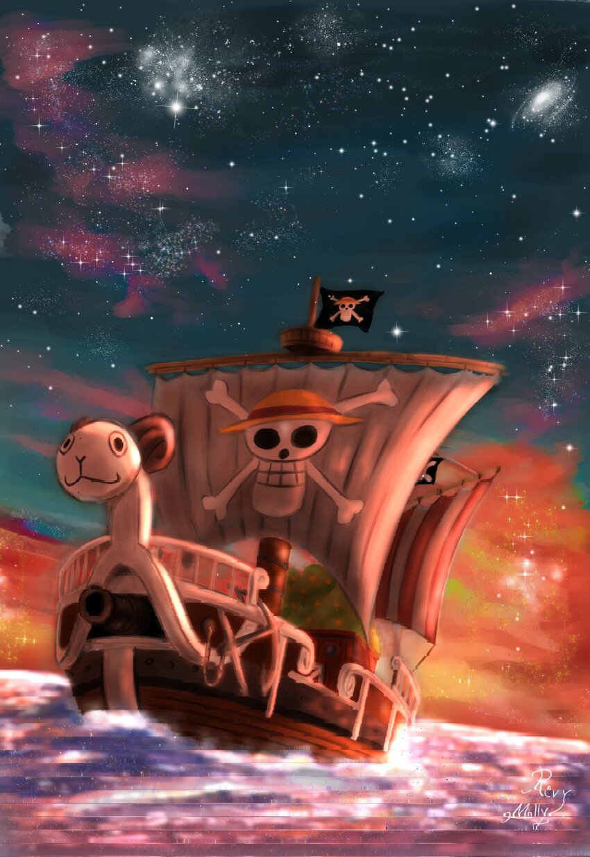 boat clip_studio_paint_(medium) commentary flag galaxy going_merry highres jolly_roger no_humans ocean one_piece prow revy_molly signature star_(sky) straw_hats_jolly_roger sunset watercraft