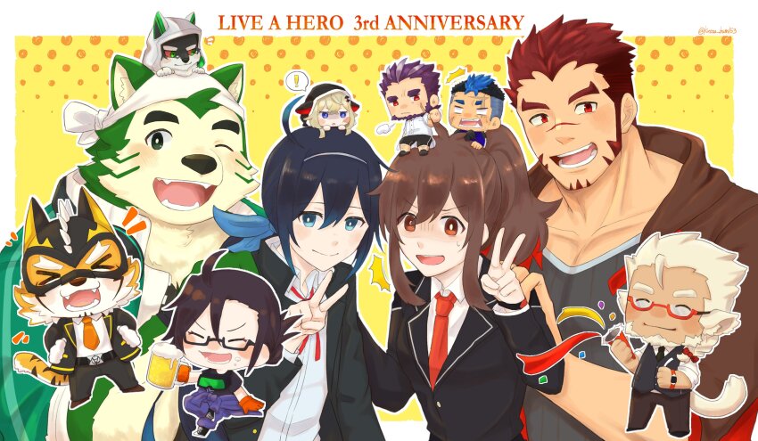 ! &gt;_&lt; 3girls 6+boys absurdres ahoge akashi_(live_a_hero) alcohol anniversary beer black_jacket blue_eyes blue_ribbon border chibi collarbone copyright_name crowne_(live_a_hero) cup exio_(live_a_hero) facial_scar female_protagonist_(live_a_hero) highres holding holding_cup huckle_(live_a_hero) jacket katou_hsm153 live_a_hero long_sideburns mask melide_(live_a_hero) mokdai_(live_a_hero) monomasa_(live_a_hero) multiple_boys multiple_girls necktie one_eye_closed open_mouth orange_necktie party_popper purple_hair red_eyes red_ribbon ribbon ryekie_(live_a_hero) scar scar_on_cheek scar_on_face sideburns spoken_exclamation_mark sui_(live_a_hero) twitter_username v white_border yoshiori_(live_a_hero)