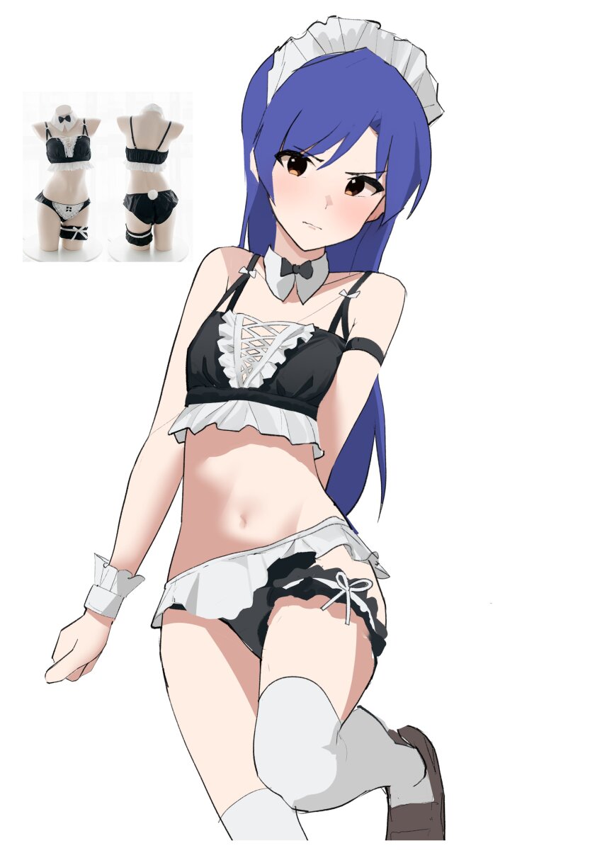 1girl absurdres bare_shoulders bikini black_bikini black_bow black_bowtie blue_hair blush bow bowtie brown_eyes ch2haya_p cowboy_shot detached_collar flat_chest frilled_bikini frills highres idolmaster idolmaster_(classic) kisaragi_chihaya leg_up long_hair maid maid_bikini maid_headdress navel photo_inset reference_inset shoes simple_background socks solo standing standing_on_one_leg swimsuit thighhighs thumbs_up unconventional_maid wavy_mouth white_background white_socks wrist_cuffs