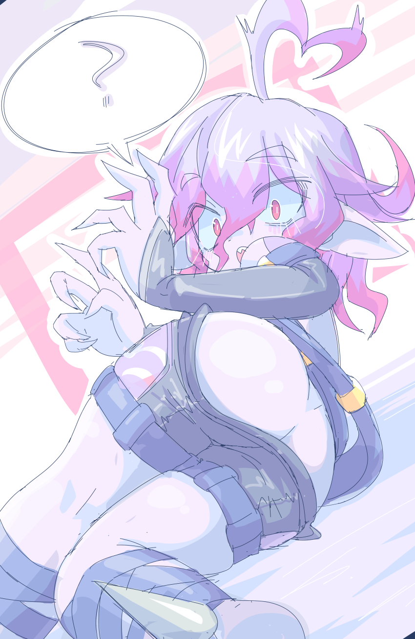 1girl alternate_species antenna_hair ass bandaged_leg bandages belt black_belt black_bodysuit black_sleeves bodysuit bodysuit_pull briar_(league_of_legends) clothes_pull colored_skin constricted_pupils detached_sleeves dot_nose eyebrows feet_out_of_frame female_focus from_behind from_below grey_hair grey_skin hair_between_eyes hands_up kayo!!_(gotoran) league_of_legends looking_at_viewer looking_back looking_down lying medium_hair multicolored_hair on_side open_mouth pointy_ears red_eyes red_hair sharp_teeth shortstack solo surprised teeth two-tone_hair upper_teeth_only variant_set yordle