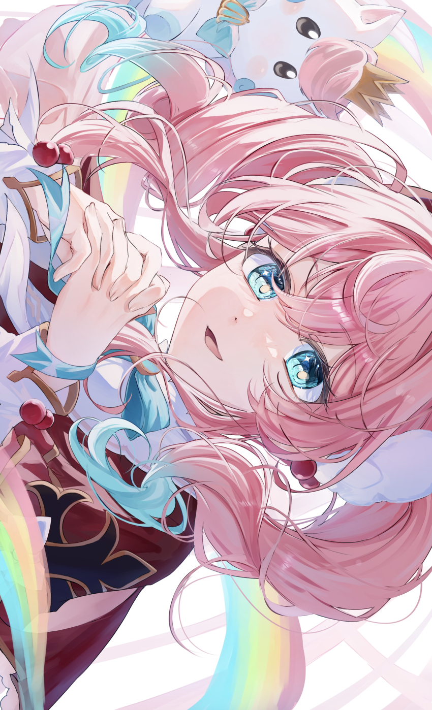 1girl absurdres aqua_bow aqua_bowtie aqua_hair blue_eyes bow bowtie commentary dress gradient_hair hands_up hat highres honkai:_star_rail honkai_(series) hyacine_(honkai:_star_rail) long_hair long_sleeves looking_at_viewer mahiru_yura multicolored_hair open_mouth own_hands_together pink_hair portrait rainbow red_dress red_hat smile solo