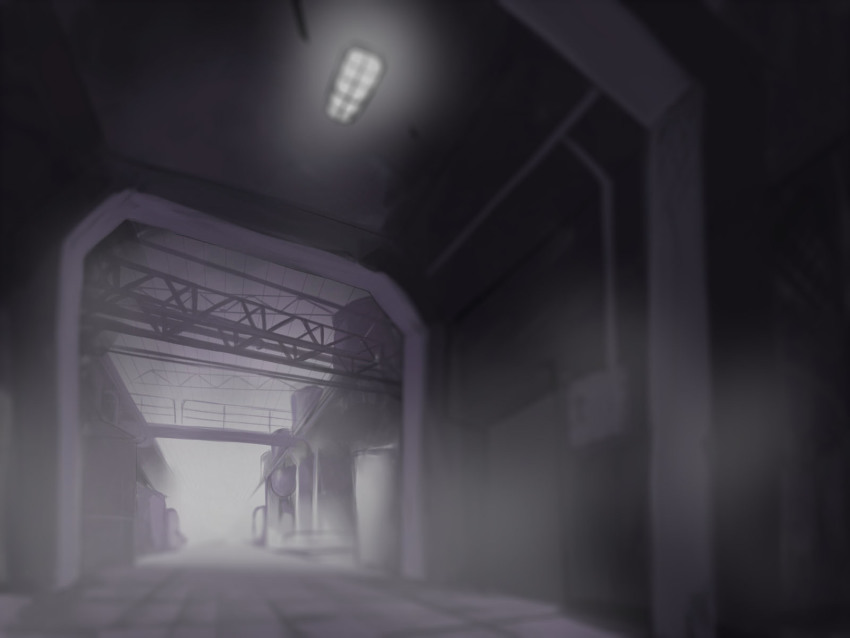 bio_lab blurry blurry_background catwalk_(walkway) commentary_request fluorescent_lamp grey_theme highres indoors industrial no_humans purple_theme ragnarok_online railing sail_(sail-away) scenery vat