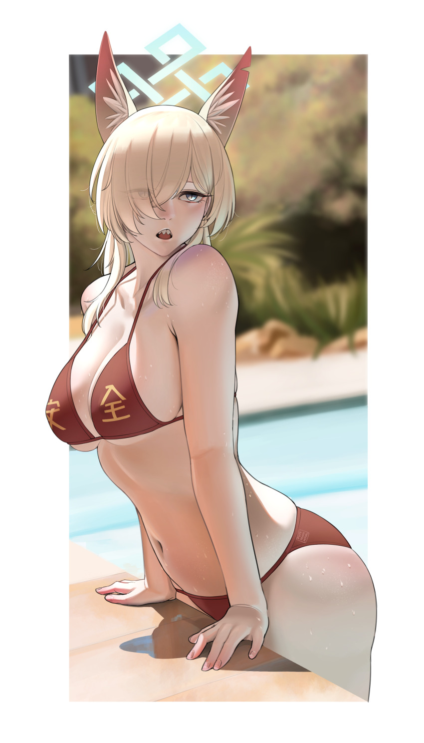 1girl absurdres animal_ears bare_shoulders bikini black_bikini blonde_hair blue_archive blue_eyes blue_halo breasts cleavage collarbone commentary dog_ears halo highres kanna_(blue_archive) large_breasts long_hair navel notched_ear open_mouth photo-referenced ponytail poolside puto_trash rectangular_halo sharp_teeth swimsuit teeth thighs