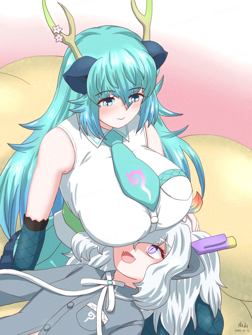 2girls animal_ears bare_shoulders blue_dragon_(kemono_friends) blue_eyes blue_hair blush breast_pocket breast_rest breast_smother breasts breasts_on_head collared_shirt dragon_ears dragon_girl dragon_horns dragon_tail extra_ears face_to_breasts fingerless_gloves fishnet_gloves fishnets gloves hair_between_eyes highres horns huge_breasts japari_symbol kemono_friends kemono_friends_3 long_hair mukouyama_mu multicolored_horns multiple_girls necktie open_mouth pocket purple_horns scale_print shirt skirt sleeveless tail thighhighs white_dragon_(kemono_friends) yellow_horns