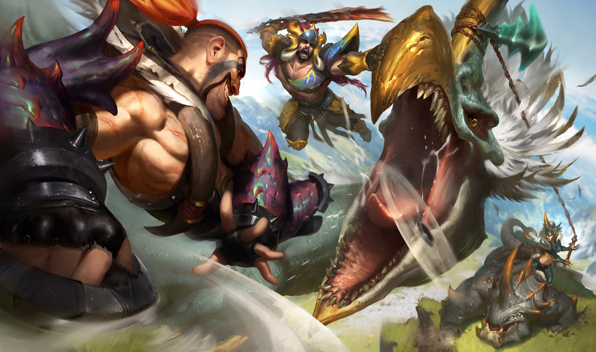 1girl 2boys armor axe bare_shoulders beard beast_hunter_draven beast_hunter_sejuani beast_hunter_tryndamere blurry blurry_background buzz_cut cliff cloud cloudy_sky creature draven facial_hair fighting fighting_stance fingerless_gloves gauntlets gloves grass helmet highres jumping league_of_legends leg_armor long_hair monster multiple_boys muscular muscular_male official_alternate_costume official_art open_mouth orange_hair outdoors ponytail rock sejuani short_hair shoulder_pads sky smile sword teeth tryndamere very_short_hair victor_maury weapon whip