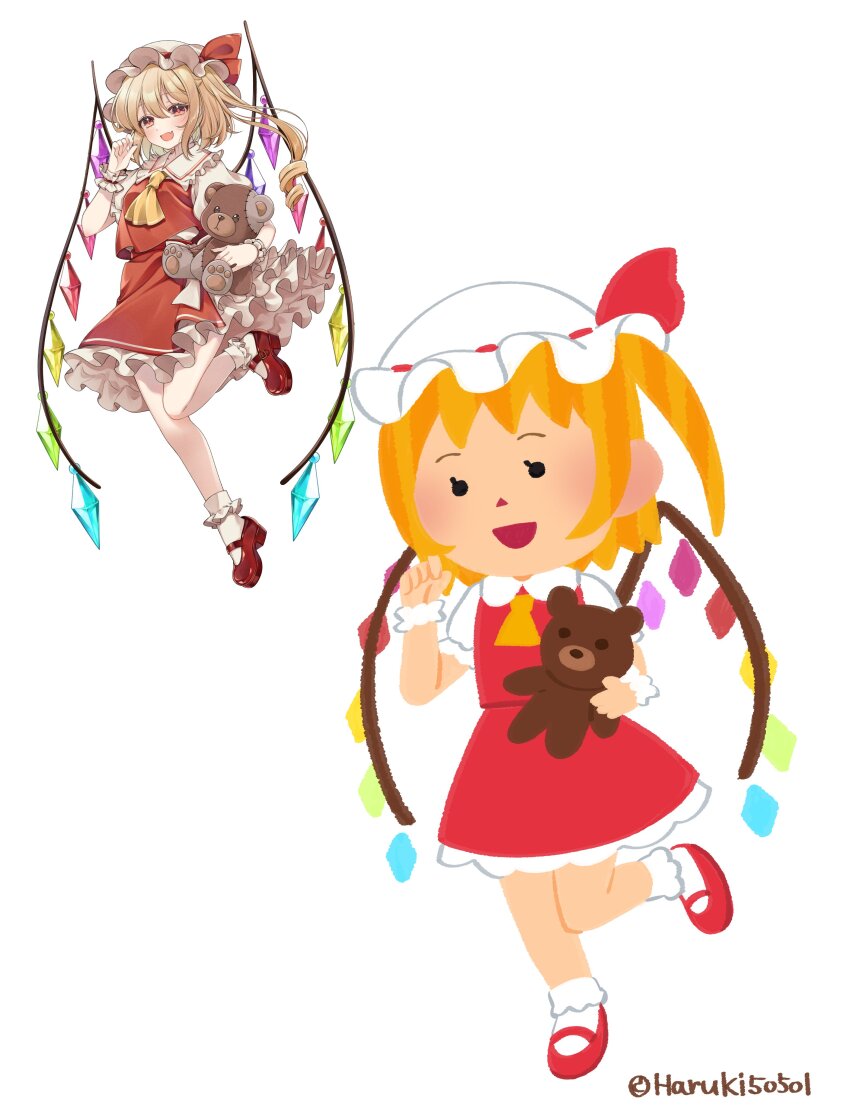 1girl :d absurdres arm_up ascot blonde_hair blush collared_shirt commentary_request crystal fang flandre_scarlet flower frilled_shirt_collar frilled_skirt frills full_body haruki_(colorful_macaron) hat hat_ribbon highres holding holding_stuffed_toy irasutoya irasutoya_challenge looking_at_viewer mary_janes mob_cap open_mouth puffy_short_sleeves puffy_sleeves red_eyes red_flower red_ribbon red_shoes red_skirt red_vest revision ribbon shirt shoes short_sleeves simple_background skin_fang skirt smile solo stuffed_animal stuffed_toy teddy_bear touhou vest watermark white_background white_hat white_shirt wings wrist_cuffs yellow_ascot