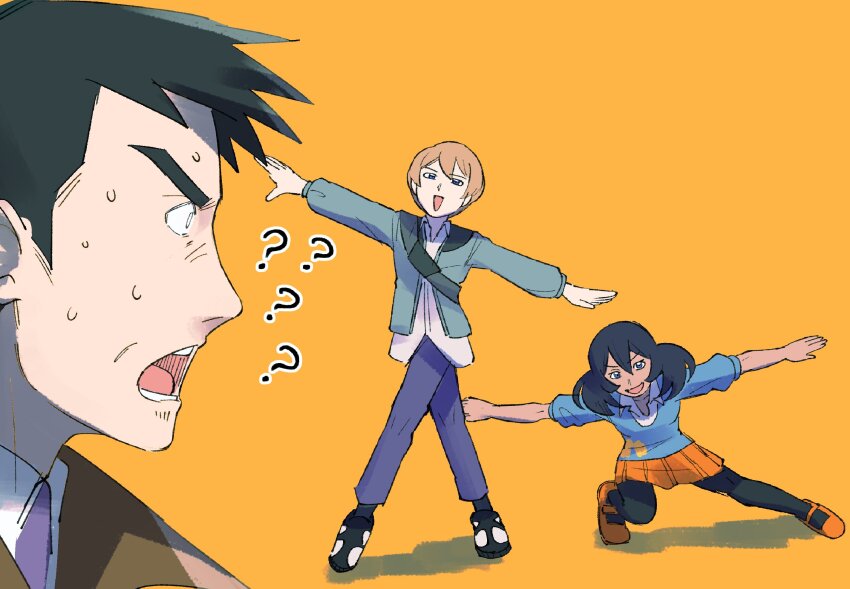 1girl 2boys ? ?? black_hair cosplay dexio_(pokemon) emma_(pokemon) highres looker_(pokemon) looking_at_another multiple_boys nintendo open_mouth orange_background orange_shoes pantyhose papurikagakusyu paulo_(pokemon) pokemon pokemon_masters_ex pokemon_xy shoes simple_background sina_(pokemon) standing sweat