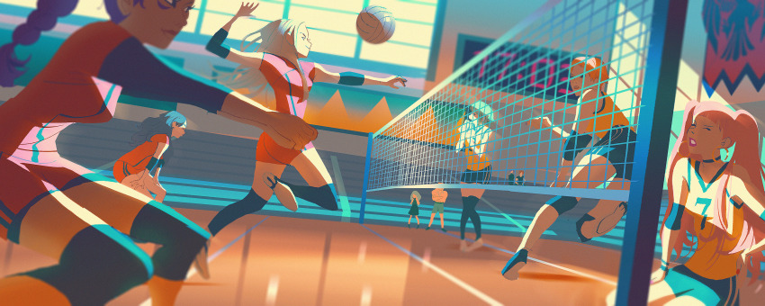 4boys 6+girls aqua_shoes aqua_shorts ball bleachers braid braided_ponytail character_request chuwenjie clock commentary contemporary day digital_clock edelgard_von_hresvelg elbow_pads english_commentary fire_emblem fire_emblem:_three_houses green_hair gym hands_on_own_thighs highres hilda_valentine_goneril indoors jersey jumping knee_pads kneeling leonie_pinelli long_hair multiple_boys multiple_girls nintendo orange_hair petra_macneary pigeon-toed pink_hair playing_sports purple_hair red_shirt red_shorts running shirt shoes short_hair shorts sitting sportswear squatting sunlight twintails volleyball volleyball_(object) volleyball_net volleyball_uniform white_footwear white_hair window yellow_shirt