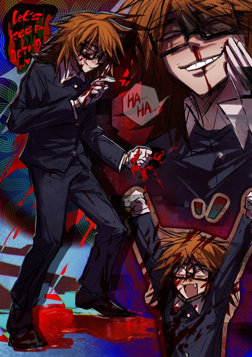 1boy absurdres black_eyes black_jacket blood blood_on_face blood_on_ground blood_on_hands bloody_knife brown_hair english_text fang glasses gloves grin highres holding holding_knife imnotrlup jacket knife licking_lips male_focus medium_hair multiple_views nosebleed randal&#039;s_friends randal_ivory smile tongue tongue_out white_gloves