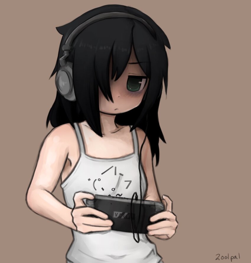 1girl animal_print ascii_art bags_under_eyes black_hair cat cat_print commentary english_commentary green_eyes hair_over_one_eye handheld_game_console headphones holding holding_handheld_game_console kaomoji kuroki_tomoko long_hair solo steam_deck tank_top upper_body valve_software watashi_ga_motenai_no_wa_dou_kangaetemo_omaera_ga_warui! white_tank_top zoolpal