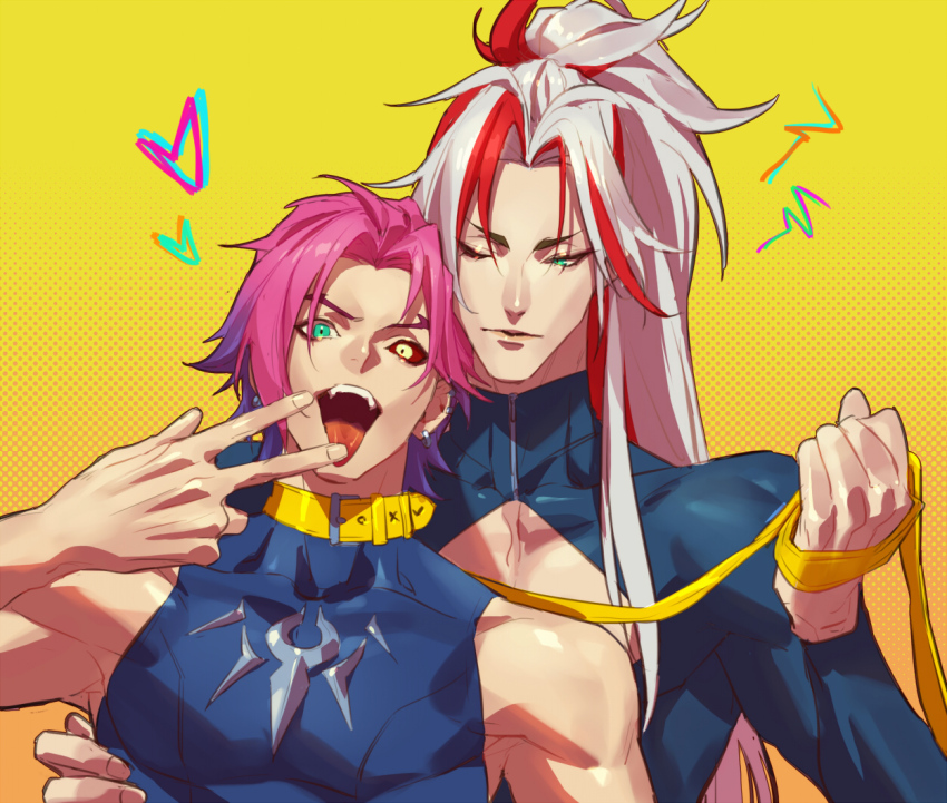 2boys absurdly_long_hair arm_up bare_shoulders belt_collar ben-day_dots collar colored_sclera commentary_request compression_shirt covered_pectorals eyelashes fangs fingernails gradient_background green_eyes heart heartsteel_kayn heartsteel_yone heterochromia high_ponytail holding holding_leash kayn_(league_of_legends) league_of_legends leash long_hair looking_at_another male_focus mismatched_sclera multicolored_hair multiple_boys pectorals ponytail red_hair red_sclera screentones sleeveless talgi teeth tongue tongue_out upper_body upper_teeth_only very_long_hair white_hair yaoi yellow_collar yellow_eyes yone_(league_of_legends) zipper